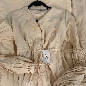 Summer Evenings Cream Drawstring Long Sleeve Dress